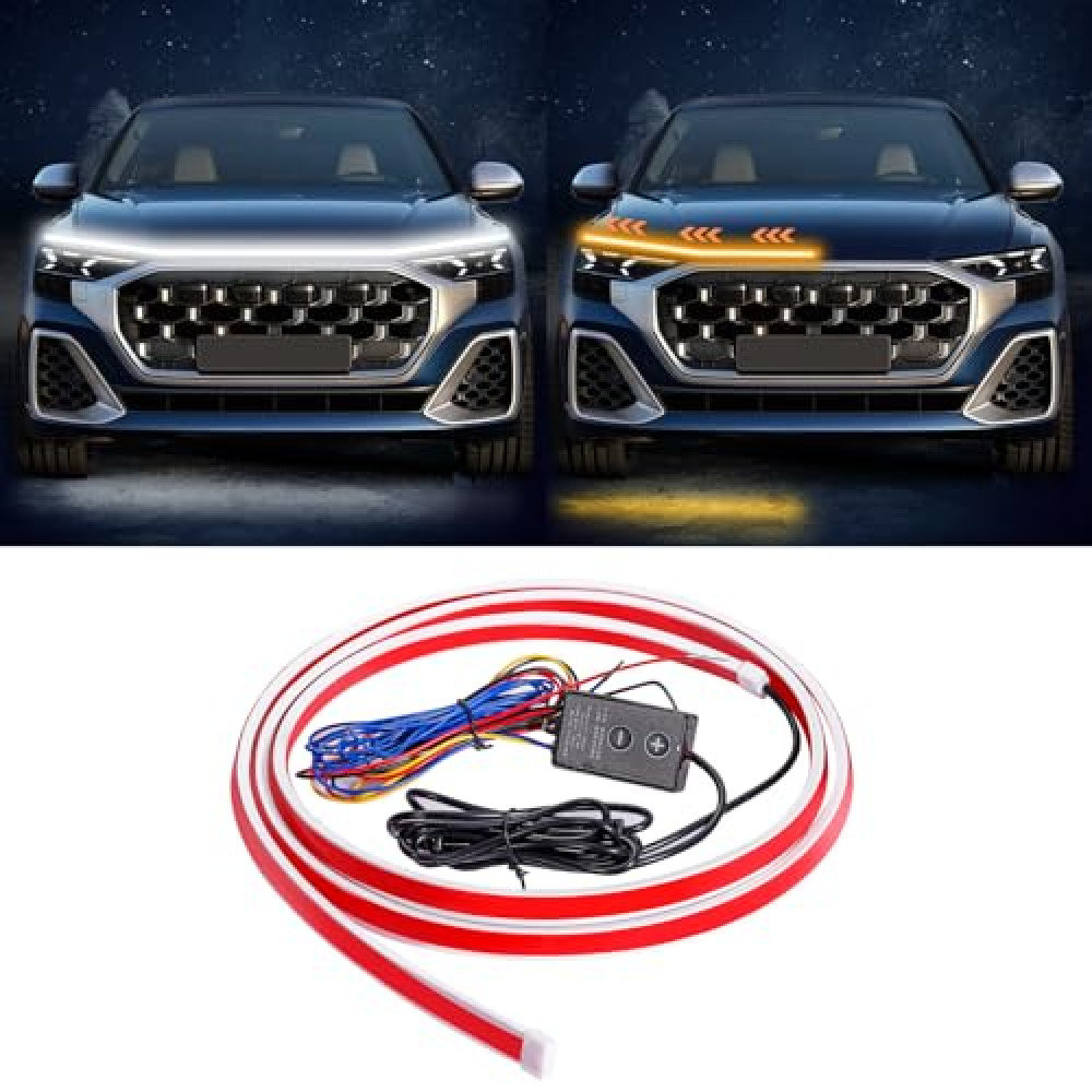 Flexible Car Hood Light Strip, 79 Inches Dynamic LED Daytime Running Lights, White and Amber Switchback Sequential Turn Signal Lights for Car, Truck, SUV, Easy to Install and Waterproof