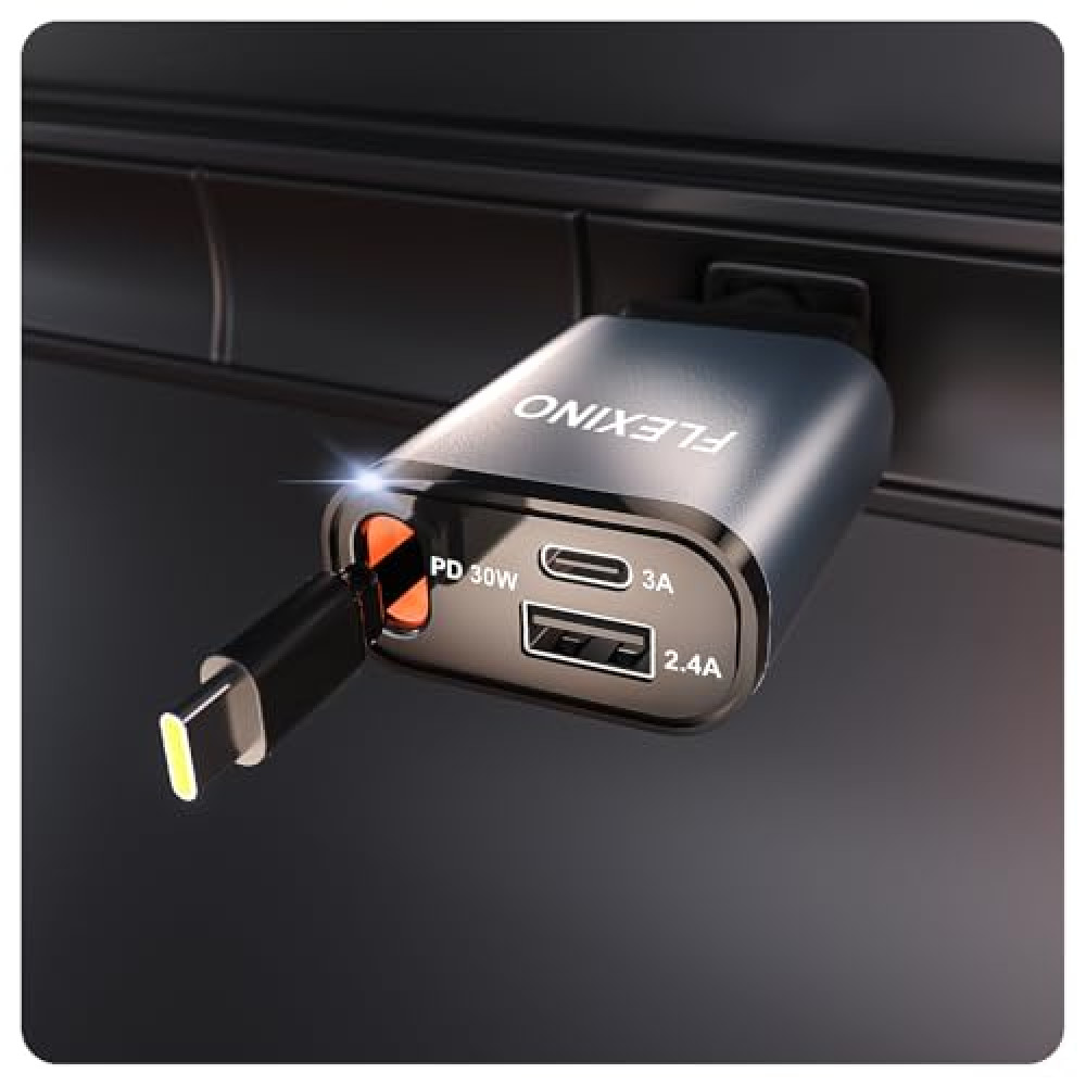 Flexino 【Ultra-Slim】 Retractable Car Charger, Car Charger for iPhone 16, USB C Car Charger Adaptor, 57W Fast Charging Car Charger, Car Phone Charger, Fit for iPhone 16/15/14/13/12, Samsung, Grey