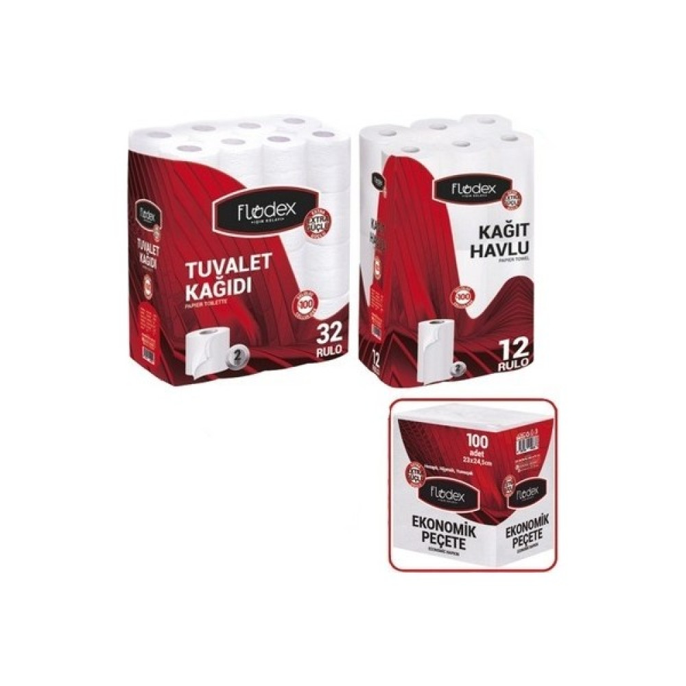 Flodex Tuvalet Kağıdı Çift Katlı 32 Li Pk + Flodex Kağıt Havlu Çift Katlı 12'li Paket + Peçete - Beyaz Tuvalet Kağıdı Fiyatı