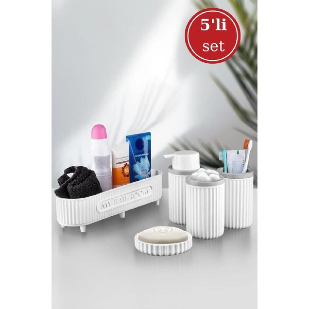 Flora 5 Parça Banyo Seti (Çok Amaçlı Sepet, Sıvı Sabunluk, Katı Sabunluk, Diş Fırçalık, Pamukluk) Beyaz - 10 x 15 Banyo Aksesuarları Fiyatı