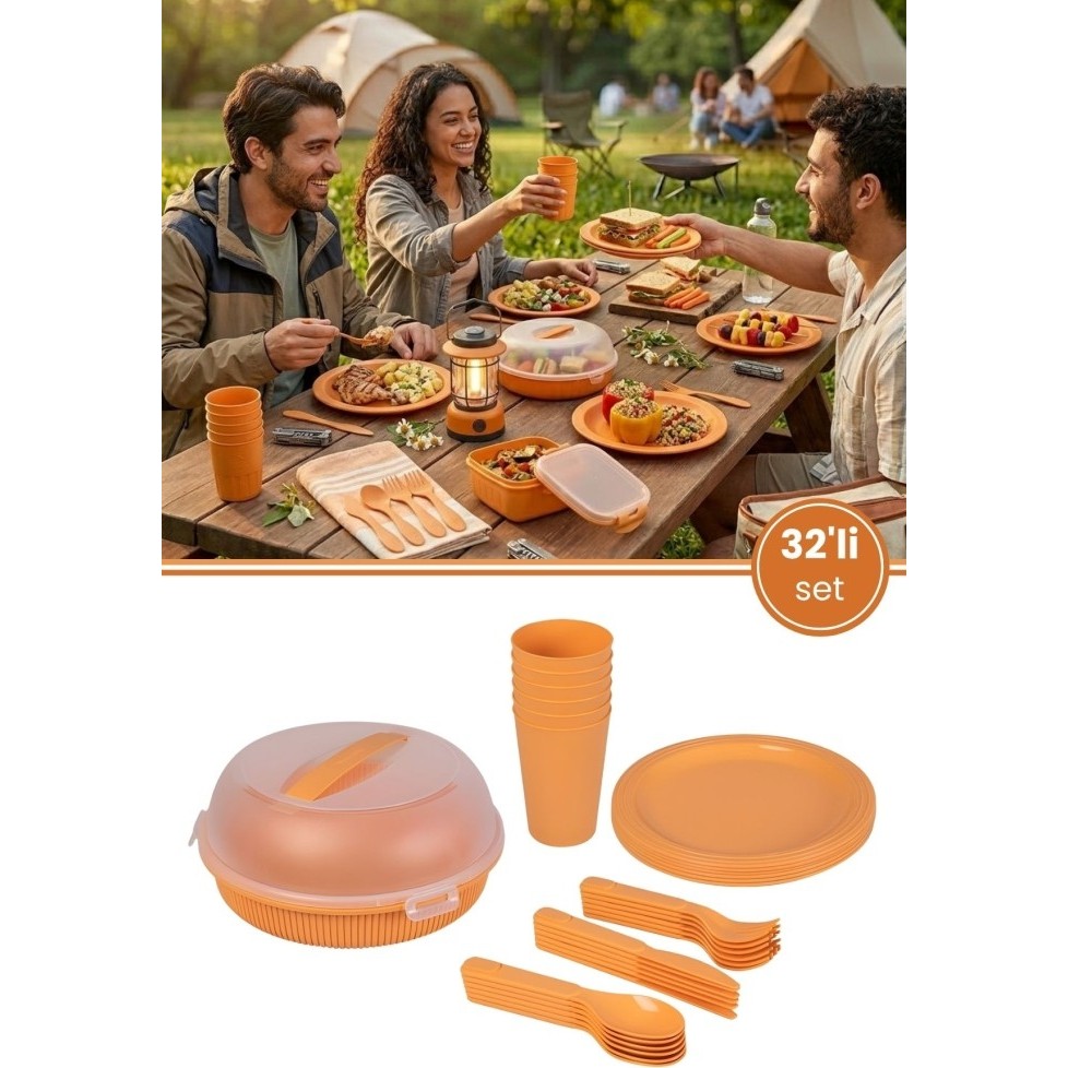 Flora 6 Kişilik Piknik Seti, 32 Parça Piknik Kamp Yemek Takımı Tabak Çatal Bıçak Kaşık Bardak Seti Turuncu Fincan / Bardak / Kahve Takımı Fiyatı