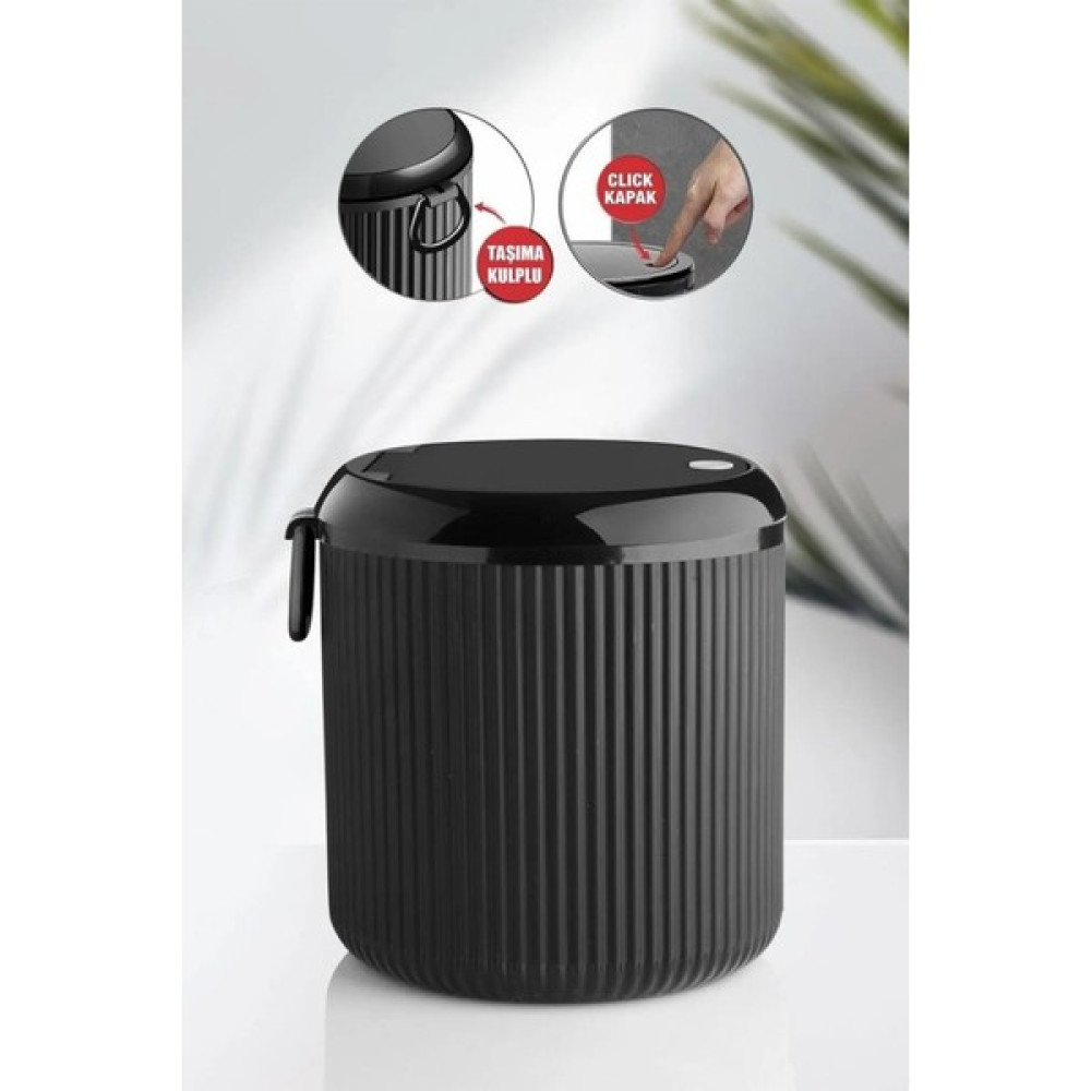 Flora Click Kapak Yuvarlak Çöp Kovası, Mutfak Banyo Tezgah Üstü Taşıma Kulplu Çöp Kovası 4 Litre Siyah - 18 x 20 Çöp Kovaları Fiyatı