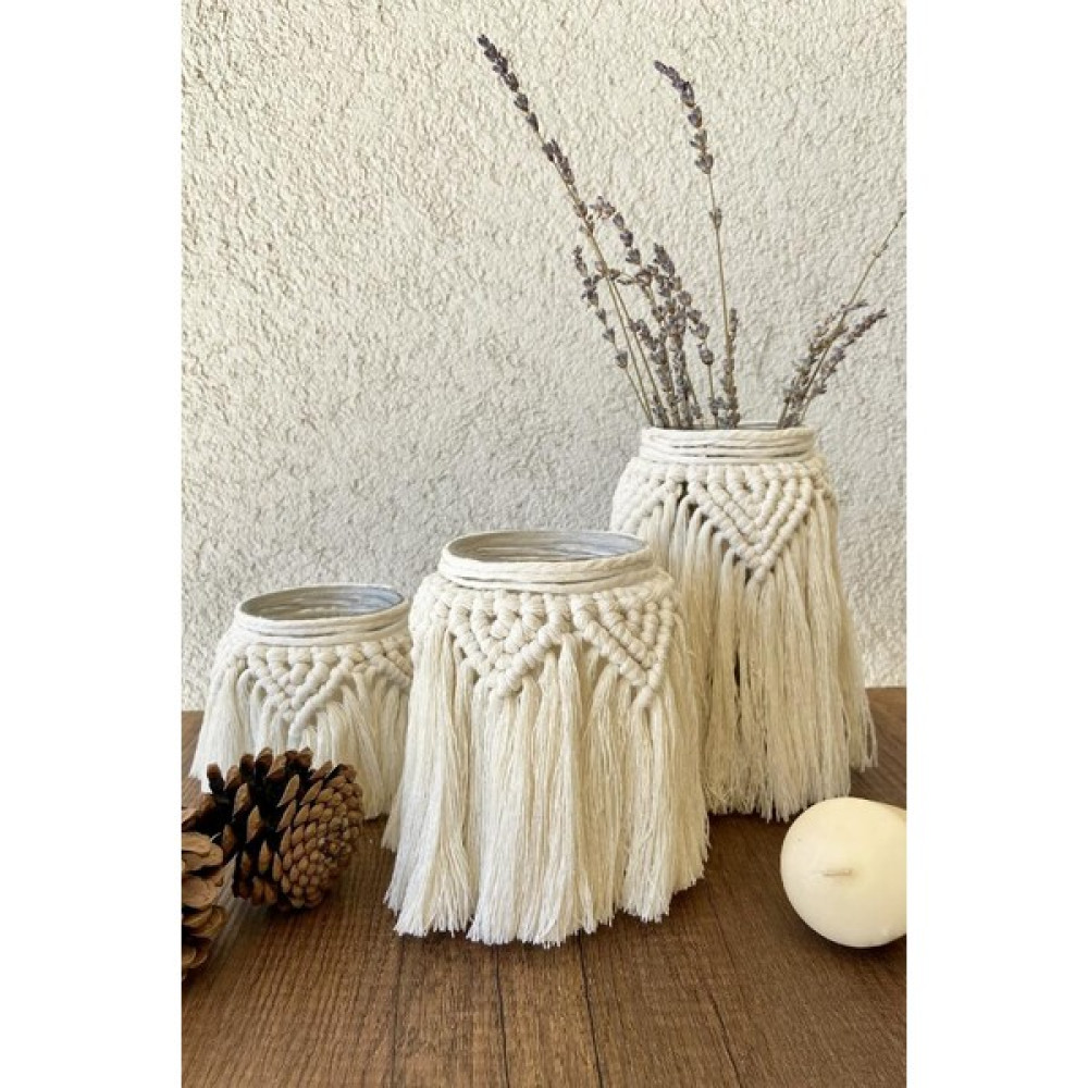 Floralmacramedesign El Yapımı 3'lü Dekoratif Makrome Mumluk - Ekru Şamdan Fiyatı