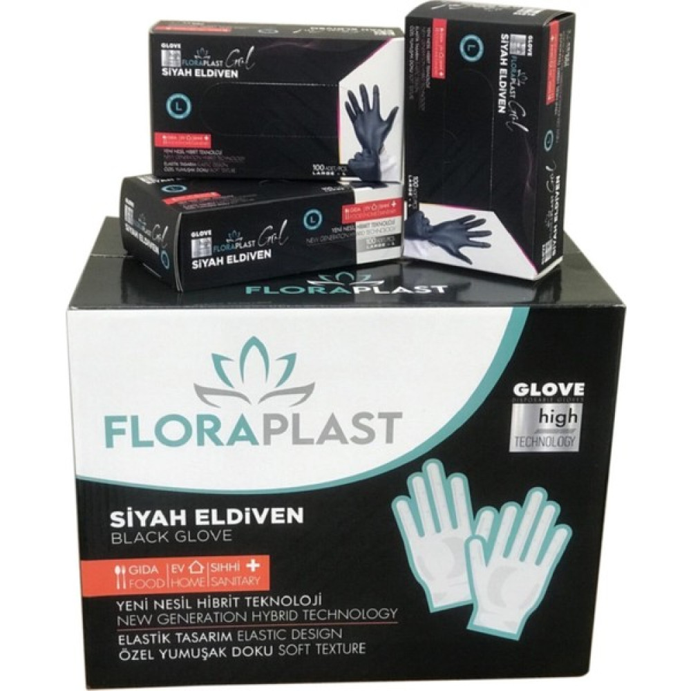 Floraplast Pudrasız Elastik Kutulu 100 Adet L Boy Siyah Eldiven Temizlik Malzemeleri Fiyatı