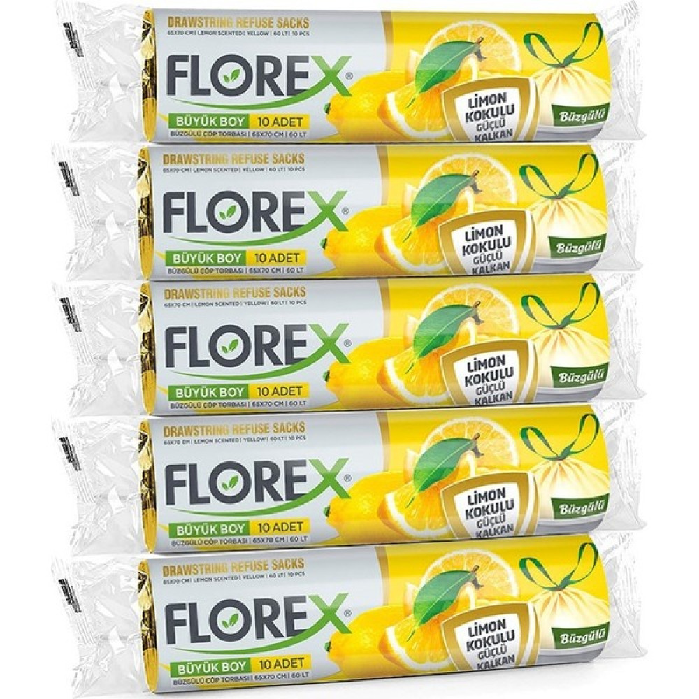 Florex Büzgülü Limon Kokulu Büyük Boy Çöp Torbası 65X70 cm 5 Rulo - 65 x 70 cm Çöp Poşetleri Fiyatı