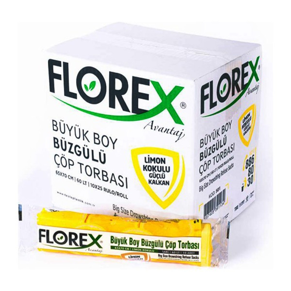 Florex Limon Kokulu Büzgülü Büyük Boy 65X70 cm Çöp Torbası 1 Koli 25 Rulo 250 Adet - 65 x 70 cm Çöp Poşetleri Fiyatı
