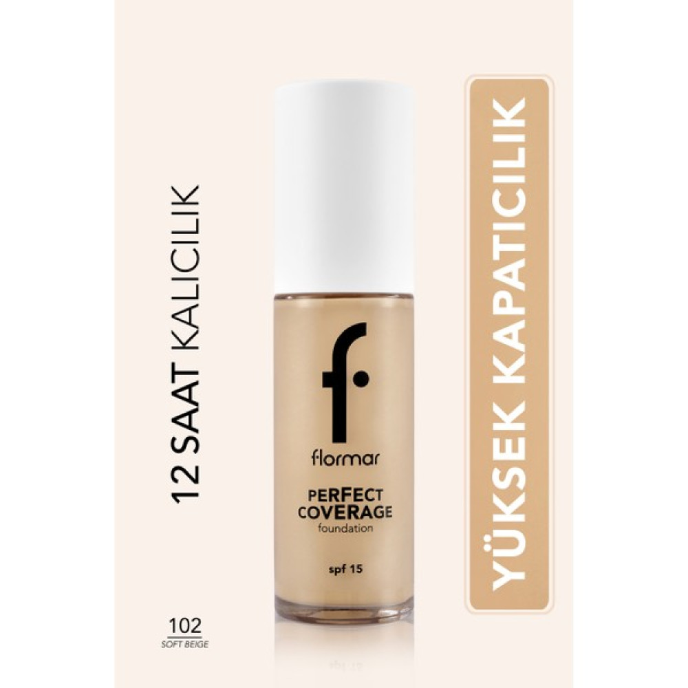 Flormar Perfect Coverage Yoğun Kapatıcı Su Bazlı Fondöten (Nötr Alt Ton) -102 Soft Beige -8682536058162 - 102 Fondötenler Fiyatı