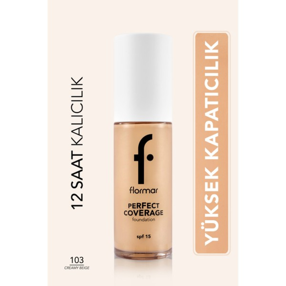 Flormar Perfect Coverage Yoğun Kapatıcı Su Bazlı Fondöten (Sıcak Alt Ton) -103 Creamy Beige -8682536058186 - 103 Fondötenler Fiyatı