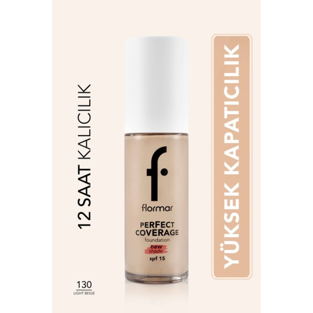 Flormar Perfect Coverage Yoğun Kapatıcı Su Bazlı Fondöten (Sıcak Alt Ton) -130 Light Beige -8682536070539 - BEJ2 Fondötenler Fiyatı
