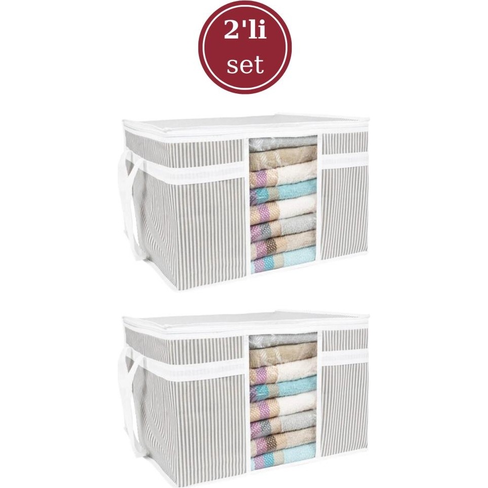 Flosoft Onikiden Pencereli Hurç, Yastık Havlu Kazak Çamaşır Saklama Çantası Organizer 40X45X30CM 2 Adet - Beyaz - Gri El / Yüz Havlusu Fiyatı