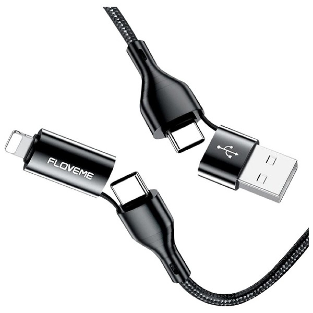 Floveme 4in1 USB To Type C -Type To Type Kablosu + Lightning Başlık USB 1 mt AL-33616 - Siyah Cep Telefonu Kablosu Fiyatı