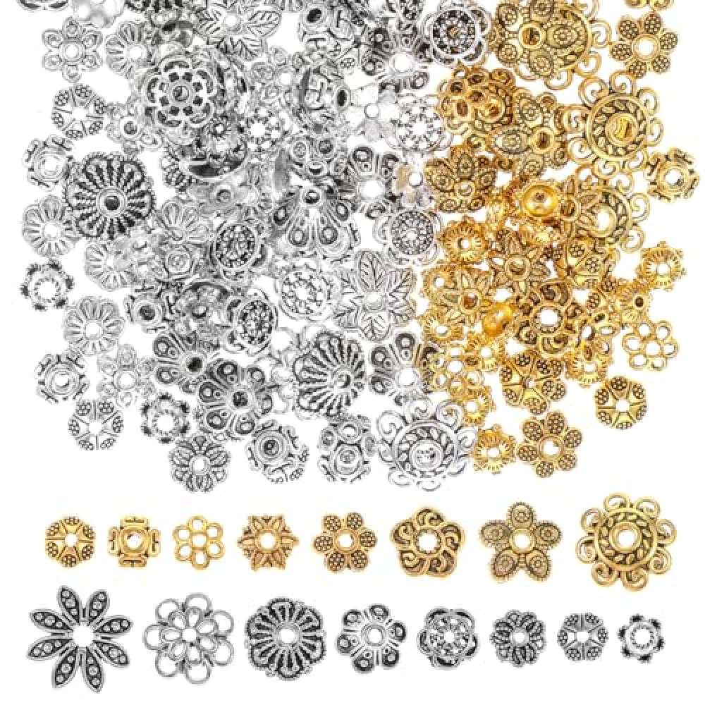 Flower Spacer Beads Caps Gold Silver Filigree Bead Caps Metal Filigree Flower Cup Shape Bead Bails End Charm Caps Bead Caps for Jewelry Making Bracelet Necklace Earrings DIY Crafts Supplies