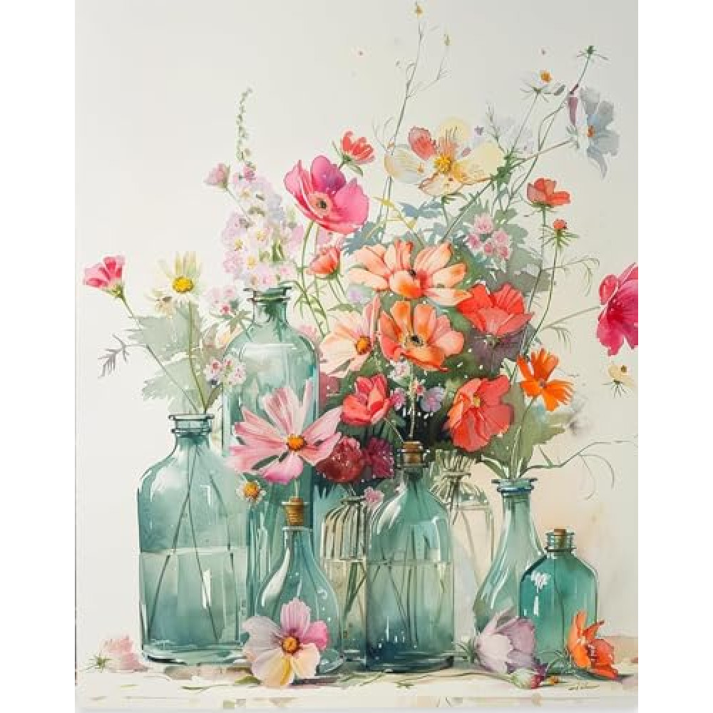 Flower Vases Paint by Bumbers for Adults Beginner, DIY Adult Pink Floral Paint by Numbers Kits on Canvas Acrylic Oil Painting Kits Art 16x20 Inch（Without Frame）
