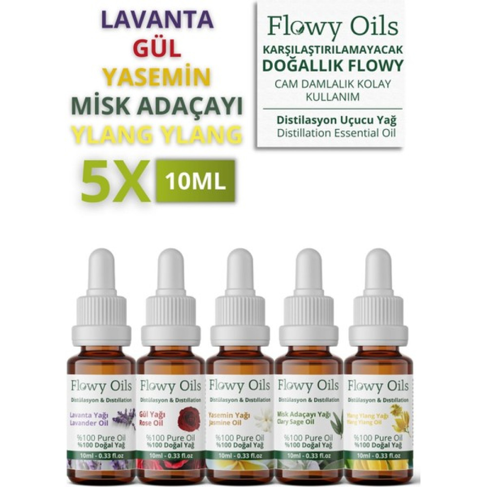 Flowy Oils 5'li En Çok Satanlar Lavanta Yağı, Gül Yağı, Yasemin Yağı, Misk Adaçayı Yağı, Ylang Ylang Yağı Uçucu Nemlendiriciler Fiyatı