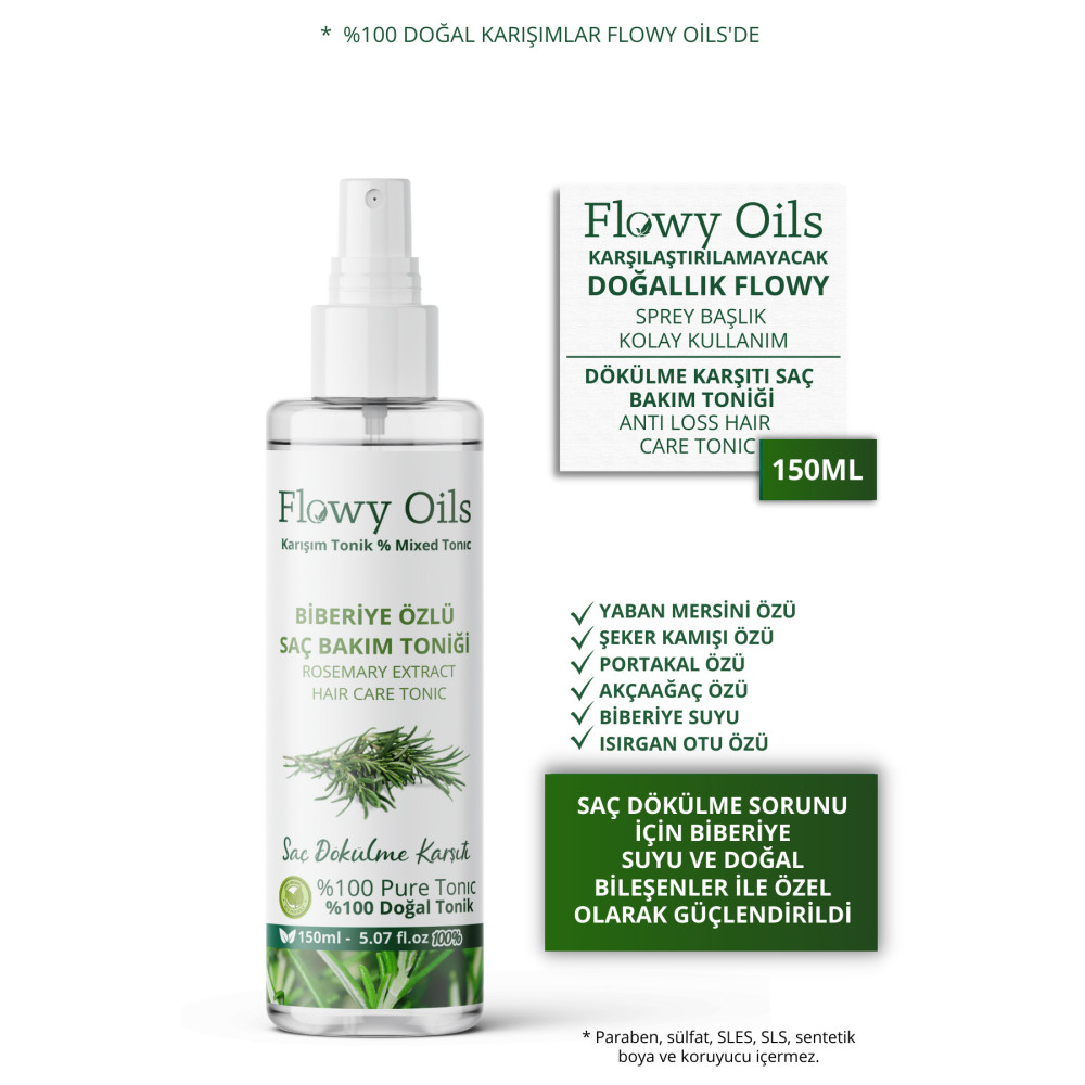 Flowy Oils Biberiye Özlü Saç Dökülme Karşıtı Saç Kökü Güçlendirici %100 Doğal Ve Bitkisel Saç Toniği 150ml Saç Bakım Losyonu / Toniği Fiyatı