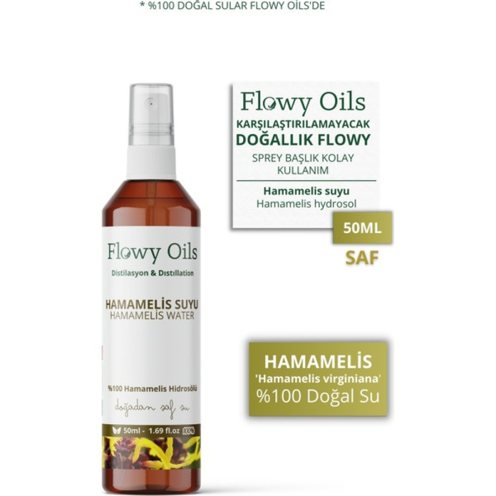 Flowy Oils Hamamelis Suyu Cadı Fındığı %100 Tam Saf Doğal Yağlı Distilasyon Hidrosöl Suyu Tonik 50ML Cilt Temizleme ve Peeling Fiyatı