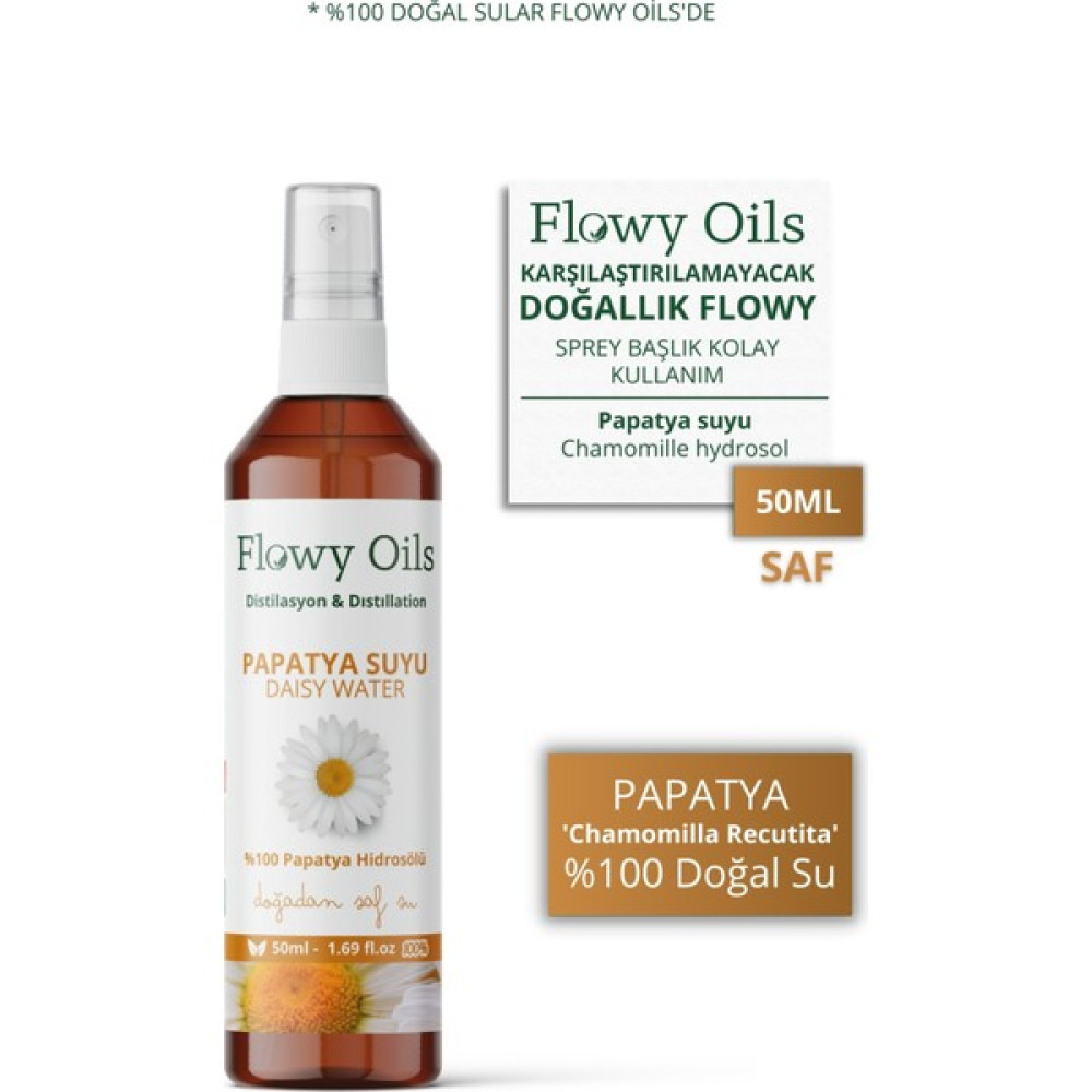 Flowy Oils Papatya Suyu %100 Tam Saf Doğal Yağlı Distilasyon Hidrosöl Suyu Tonik Daisy Hydrosol Tonic 50ML Cilt Temizleme ve Peeling Fiyatı