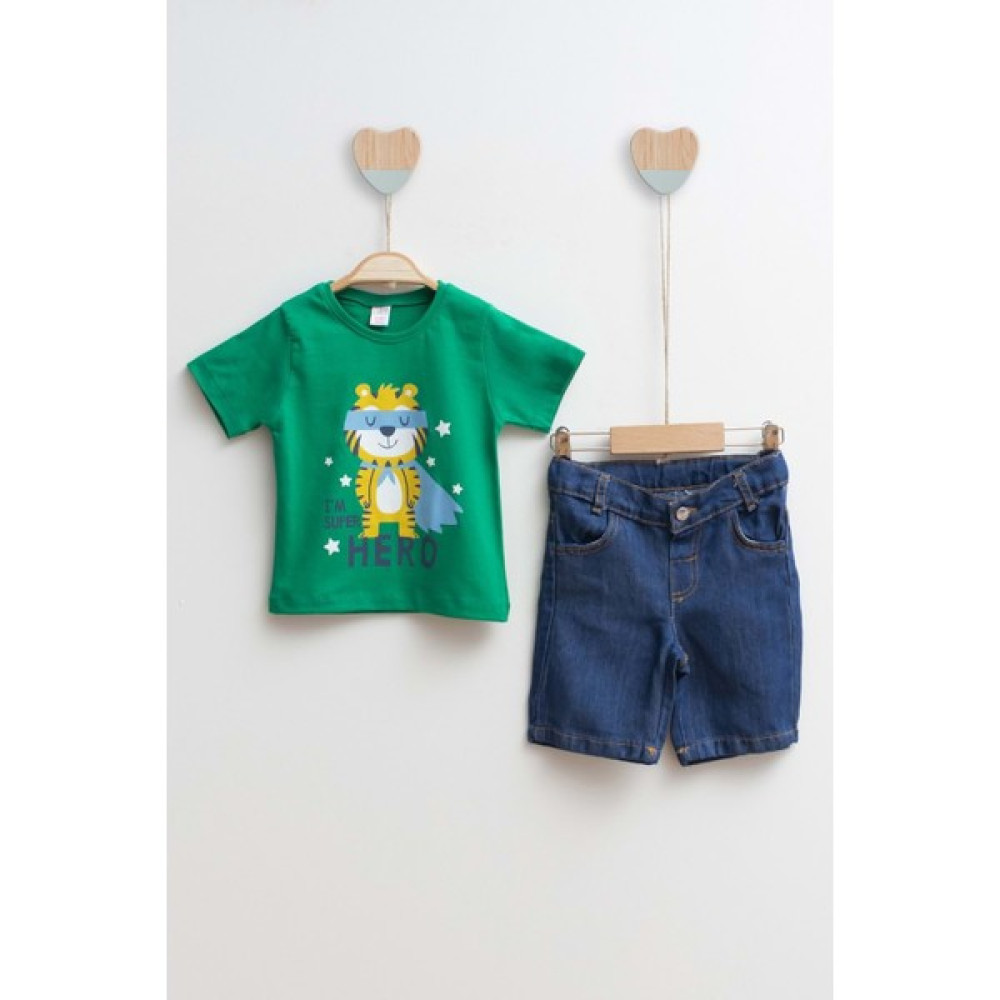 Fluby Çocuk Kot Şort T-Shirt Erkek Alt Üst Takım Hero - Çimen Yeşili - 2 Yaş Erkek Çocuk Giyim Takımı Fiyatı