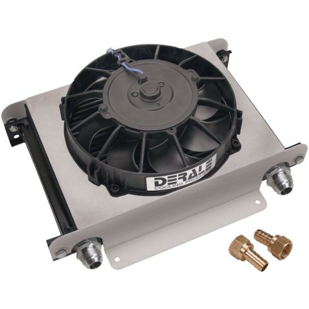 Fluid Cooler and Fan, 13 x 10 x 5-5/8 in, Plate Type, 10 AN Female O-Ring Inlet/Outlet, 10 AN Male Adapters, Fittings, Aluminum, Black Powder Coat, Universal, Kit