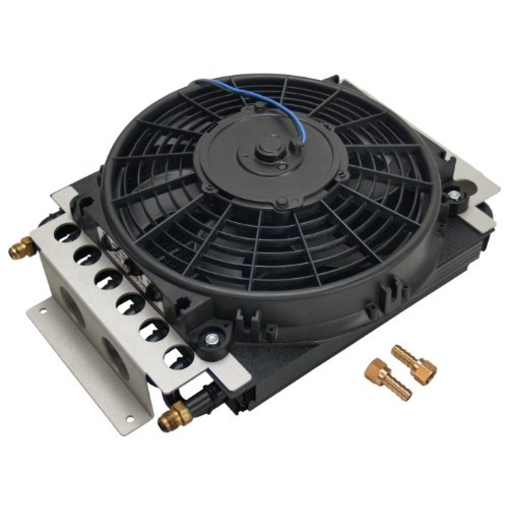Fluid Cooler and Fan, 15-3/4 x 11-1/2 x 5 in, Tube Type, 6 AN Male Inlet/Outlet, Fittings, Aluminum/Copper, Black Powder Coat, Universal, Each