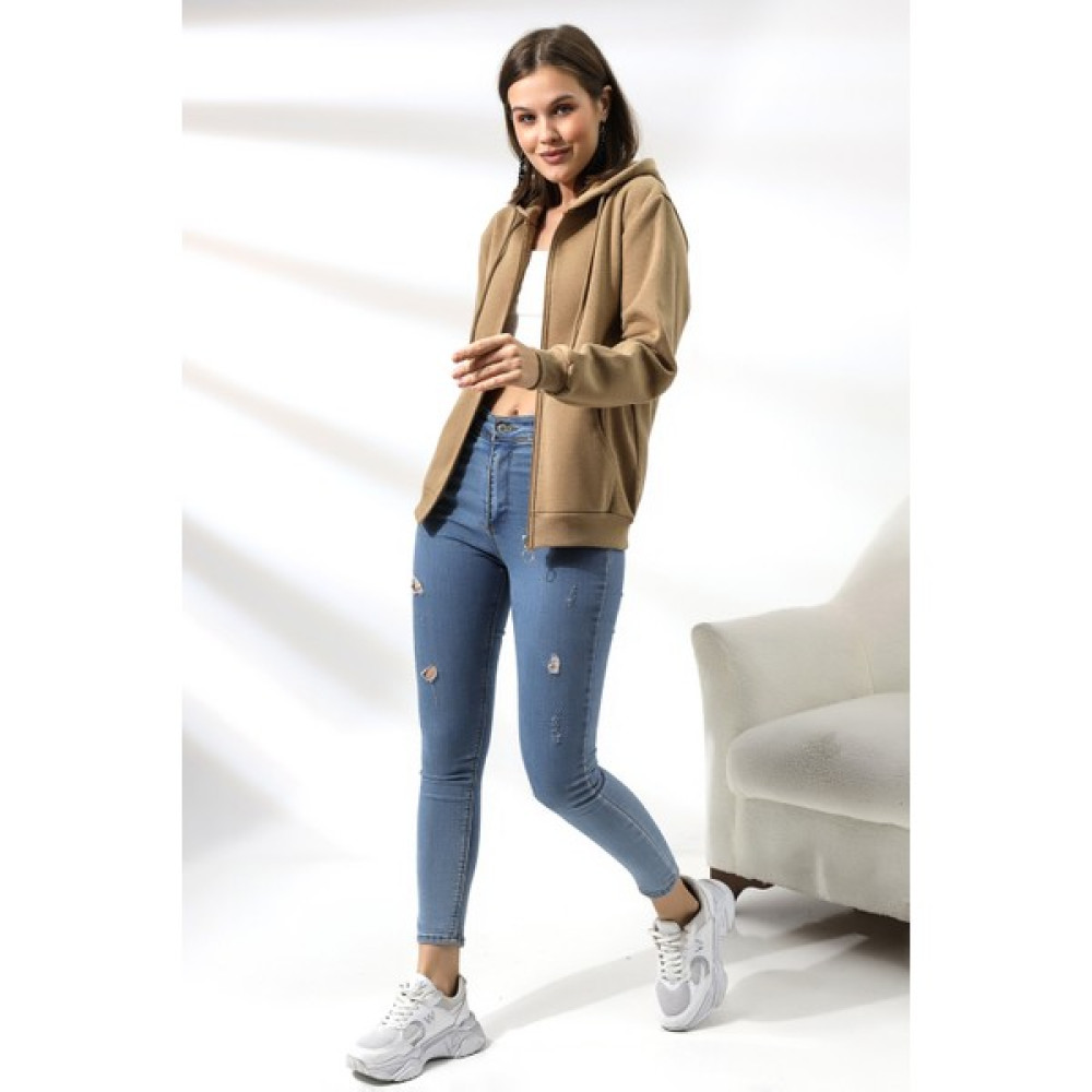 Flyboard Şardonlu Fermuarlı Kapüşonlu Sweatshirt 19116 Bej Bayan Sweatshirt Fiyatı
