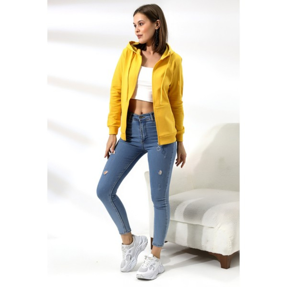 Flyboard Şardonlu Fermuarlı Kapüşonlu Sweatshirt 19116 Sarı Bayan Sweatshirt Fiyatı