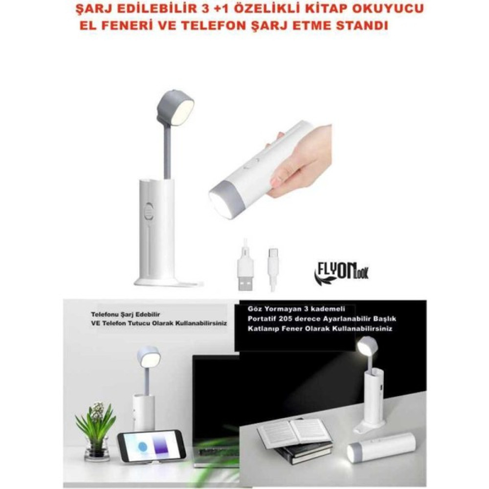 Flyon 3+1 Şarjlı Kitap Okuma Lambası , Fener 3 Kademeli ,acil Durum Powerbank ve Telefon Tutucu Lamba El Feneri Fiyatı