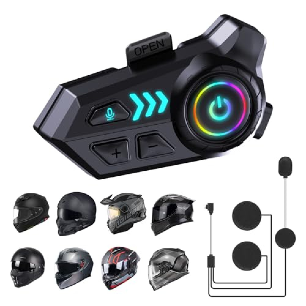 Foaiskygod Helmet Bluetooth Headset, Motorcycle Helmet Speakers with 2 Type Mics,1000mAh Large Battery Motorcycle Headphones IP66/Automatic Answer/Call Music Control/Noise Cancellation/Wake up Siri