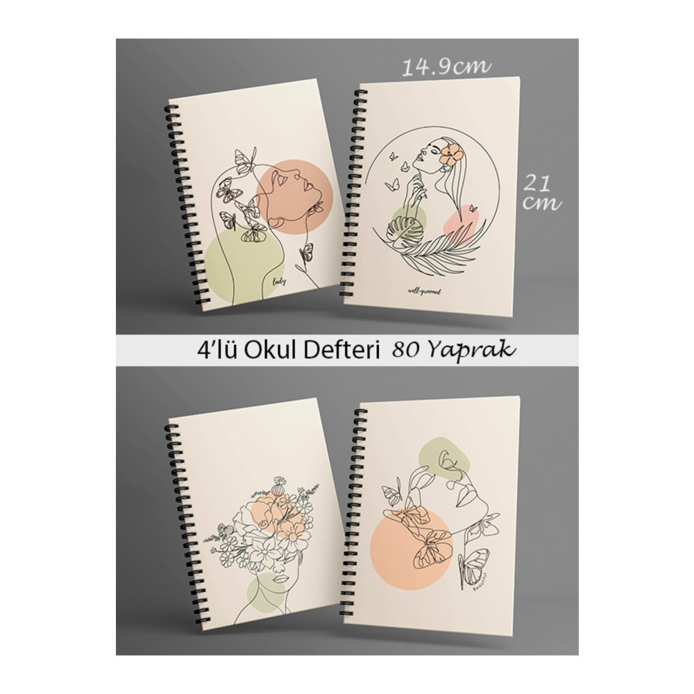 Fobinote Spiralli Okul Defteri 80 yaprak 4lü Set Sanatsal Kadın - A5 Boy Çizgisiz Defter Fiyatı