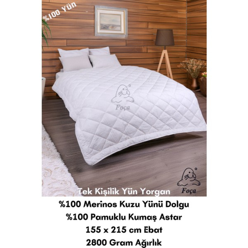 Foçatex %100 Doğal Merinos Kuzu Yünü Dolgulu Yıkanabilir Yün Yorgan (Tek veya Çift Kişilik) - 155 x 215 cm - Beyaz Yorgan Fiyatı