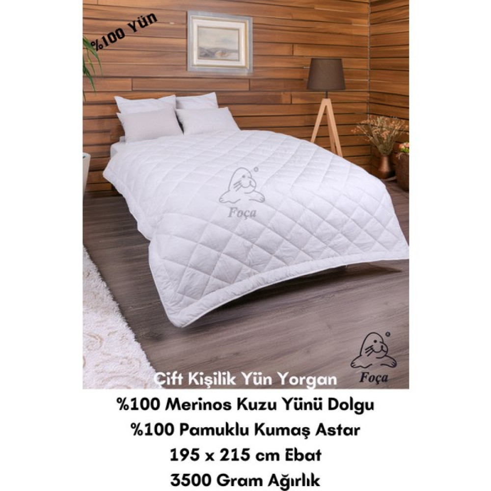 Foçatex %100 Doğal Merinos Kuzu Yünü Dolgulu Yıkanabilir Yün Yorgan (Tek veya Çift Kişilik) - 195 x 215 cm - Beyaz Yorgan Fiyatı