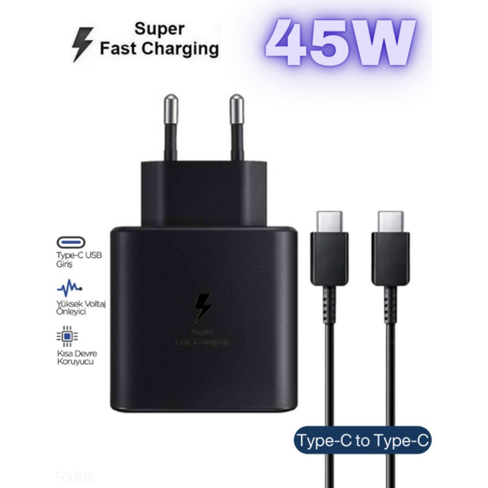 Fodos Galaxy A31/A32/A33/A34/A35/A36/A37 Uyumlu 45 Watt Süper Hızlı Şarj Aleti - Cihazı - Adaptör + Kablo - Beyaz Cep Telefonu Şarj Cihazı Fiyatı