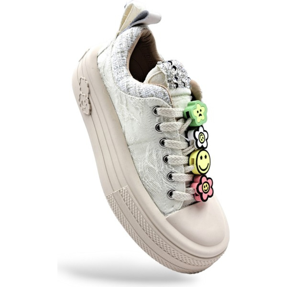 Foershadow S1900 Yüksek Tabanlı Emoji ve Taş Detaylı Bej Renk Kadın Sneaker Spor Ayakkabı Spor Ayakkabı Fiyatı