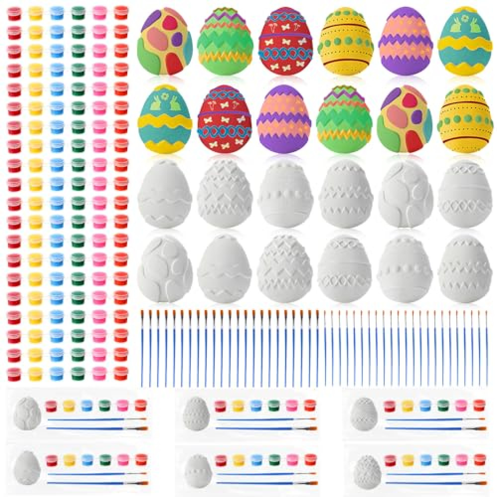 Foilswirl 24 Set Easter Egg DIY Painting Kit Ceramic to Paint Your Own Egg Statues Unpainted Plaster Figurines with Brushes Acrylic Bags Arts and Crafts Kits Party Favor for Adults