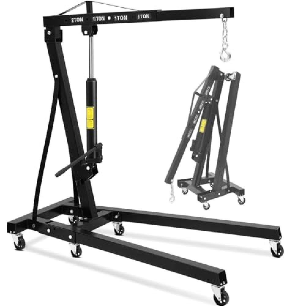Folding Hydraulic Engine Hoist 2 Ton, Cherry Picker Shop Crane with 6 Casters and Telescopic Boom, 4400 Lbs Capacity Heavy Duty Engine Hoist Crane Lift for Garage, Workshop, Automotive Repair, Black