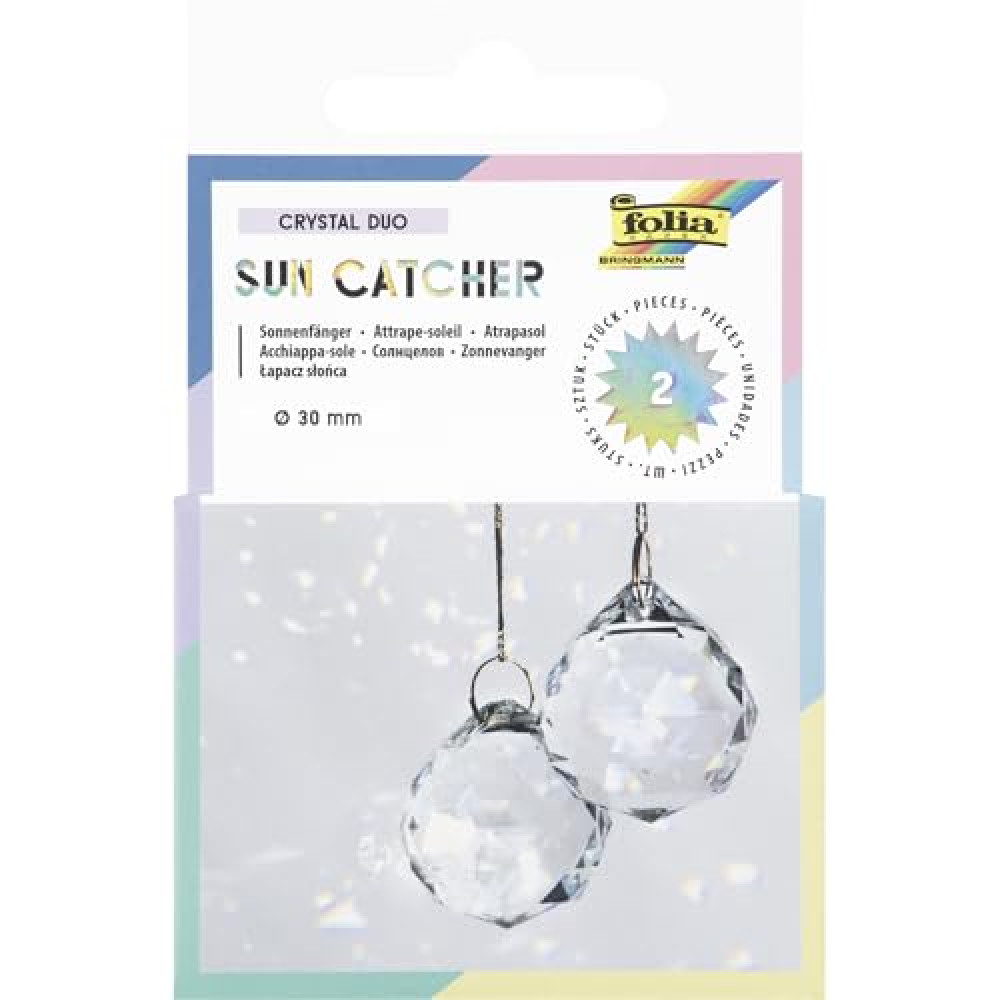 folia 23839 23839-Sun Catcher Crystal Duo Set of 2 Glass Suncatchers with 8 m Metallic Yarn, Diameter 3 cm Crystals for Hanging, Transparent/Gold