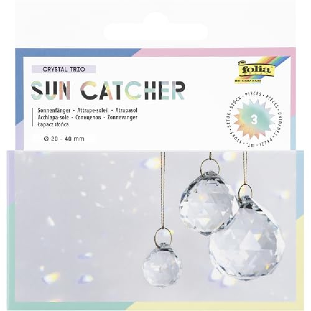 folia 23849 23849-Sun Catcher Crystal Trio Pack of 3 Glass Suncatchers with 16 m Metallic Yarn, Diameter 2, 3 and 4 cm Crystals for Hanging, Transparent/Gold