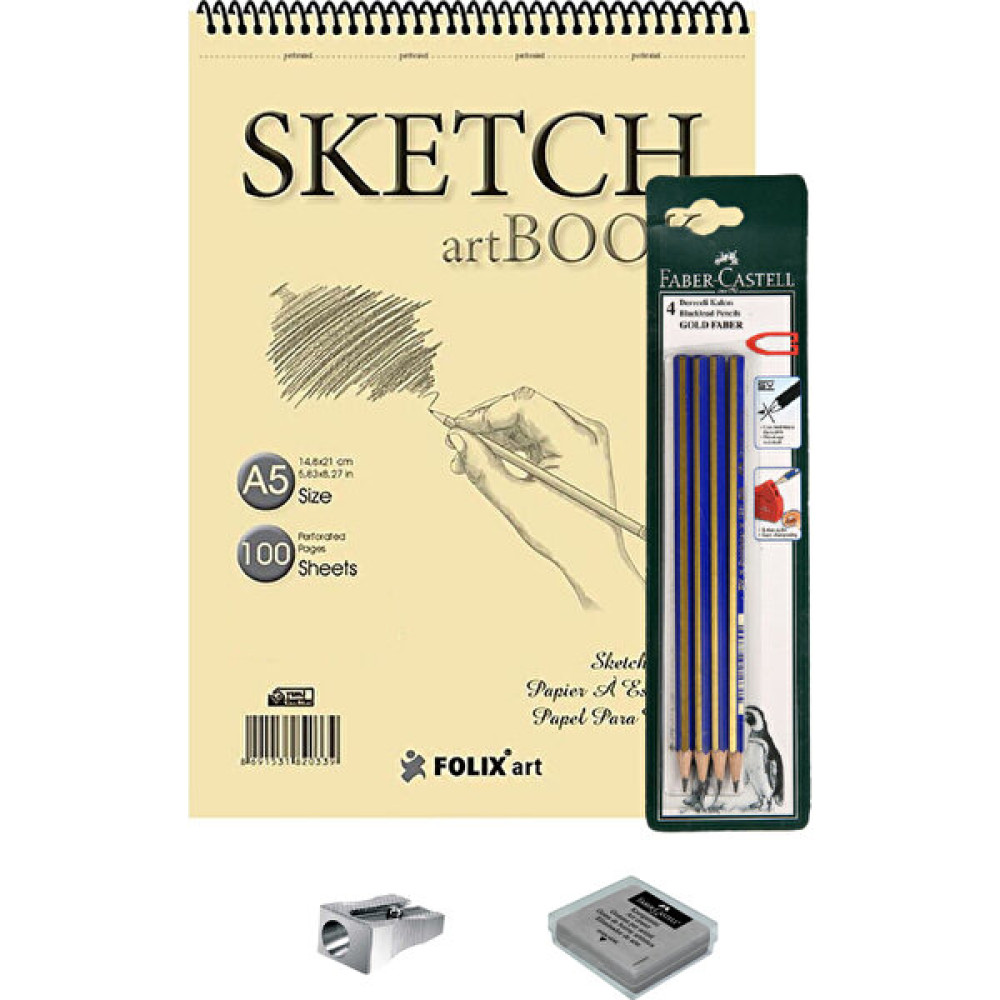 folix art Karakalem Eskiz Çizim Seti + Faber-Castell Dereceli Kalemler + Hamur Silgi Eskiz Defteri Sketchbook Yardımcı Malzeme Fiyatı