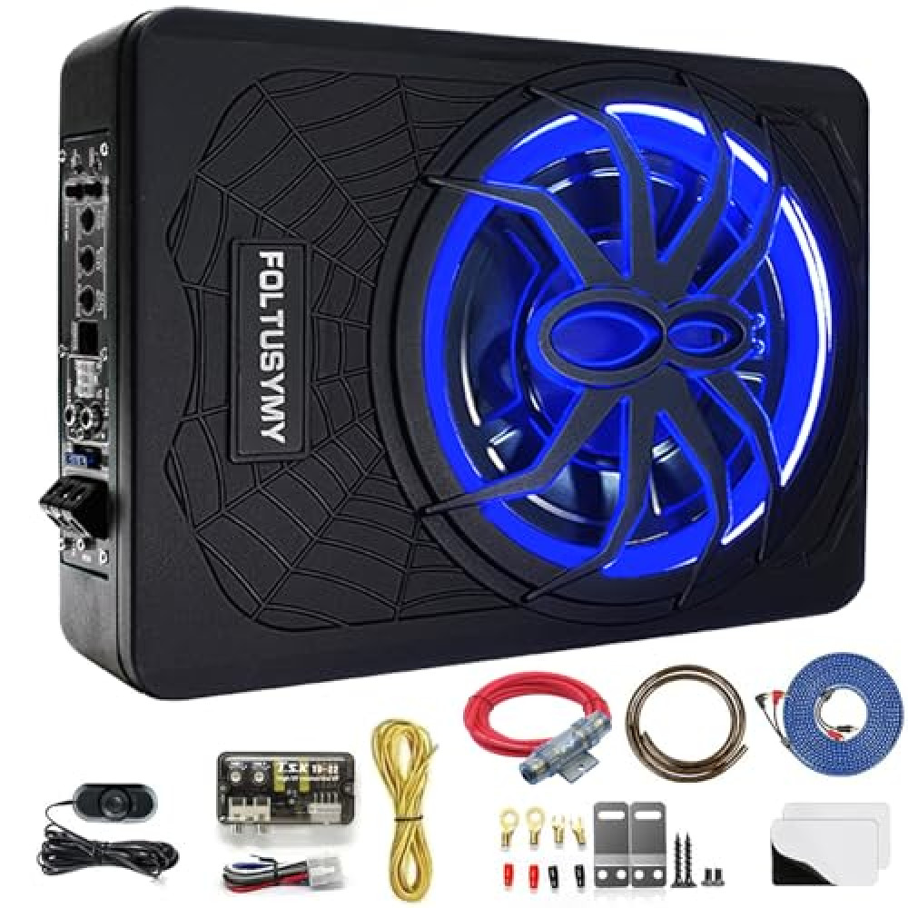 FOLTUSYMY 2025 Upgraded 10" 1200W Car Subwoofer, Slim Under Seat Powered Car Subwoofer, High/Low Level Input, Car/Truck Audio Sub Built-in Amplifier, with Blue LED Light