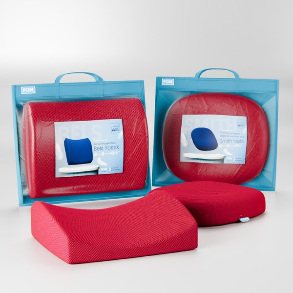 FOM Smith Ve Bels Visco Anatomik Oturma Simidi Ve Bel Destek Yastık Ofis Seti, Ortopedik, Kırmızı - 44 x 43 x 8 cm Diğer Fiyatı