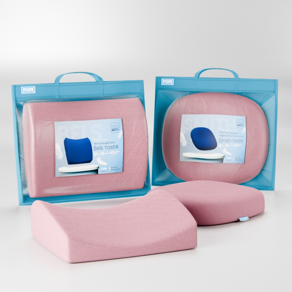 FOM Smith Ve Bels Visco Anatomik Oturma Simidi Ve Bel Destek Yastık Ofis Seti, Ortopedik, Pembe - 44 x 43 x 8 cm Yastık Fiyatı