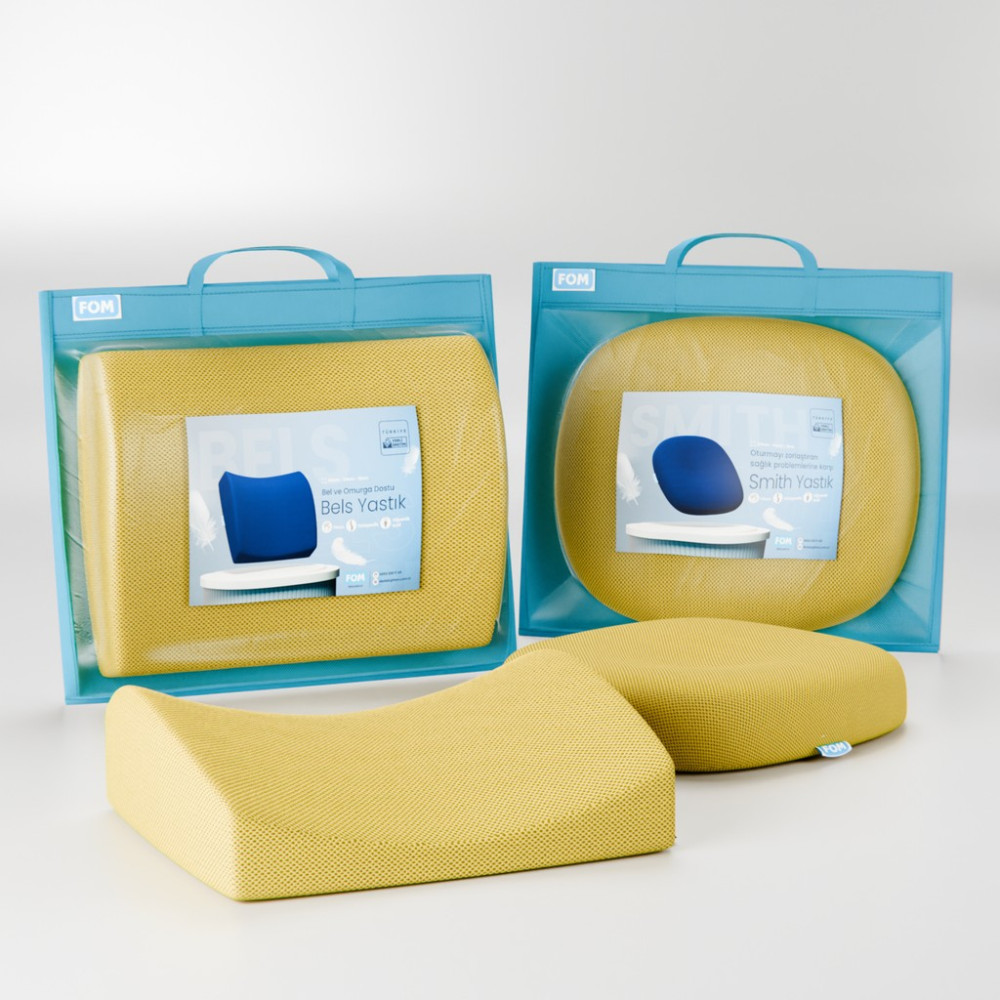 FOM Smith Ve Bels Visco Anatomik Oturma Simidi Ve Bel Destek Yastık Ofis Seti, Ortopedik, Sarı - 44 x 43 x 8 cm Yastık Fiyatı