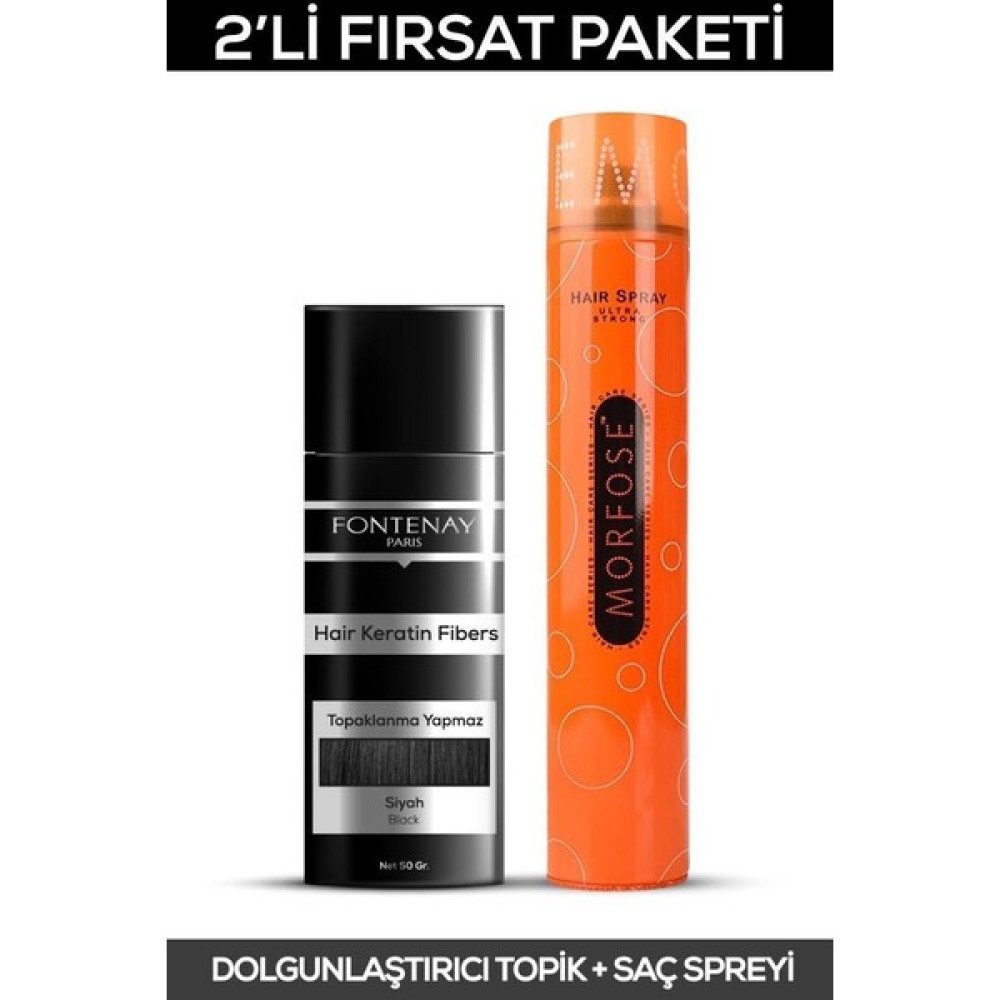 Fontenay Saç Dolgunlaştırıcı Keratin Fibers Siyah Topik Saç Tozu 50GR + Saç Spreyi 400ML 2'li Set 2 Saç Boyası Fiyatı