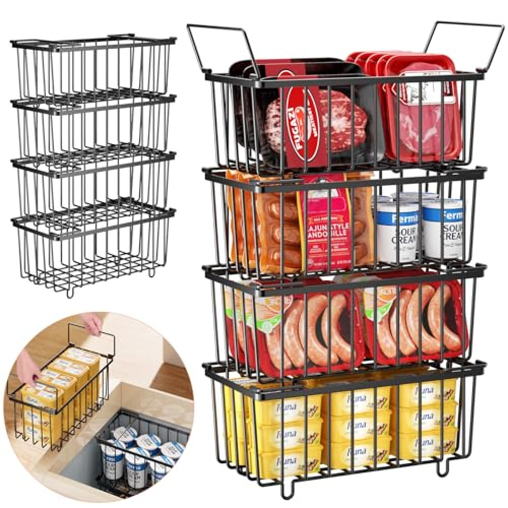 Food-Grade Freezer Organizer Bins, 4 Pack Stackable Freezer Baskets with Foldable Handle for 3.5-7 Cu.FT Deep Chest Freezer, Coated Metal Freezer Storage Bins with Better Space Utilization, Black