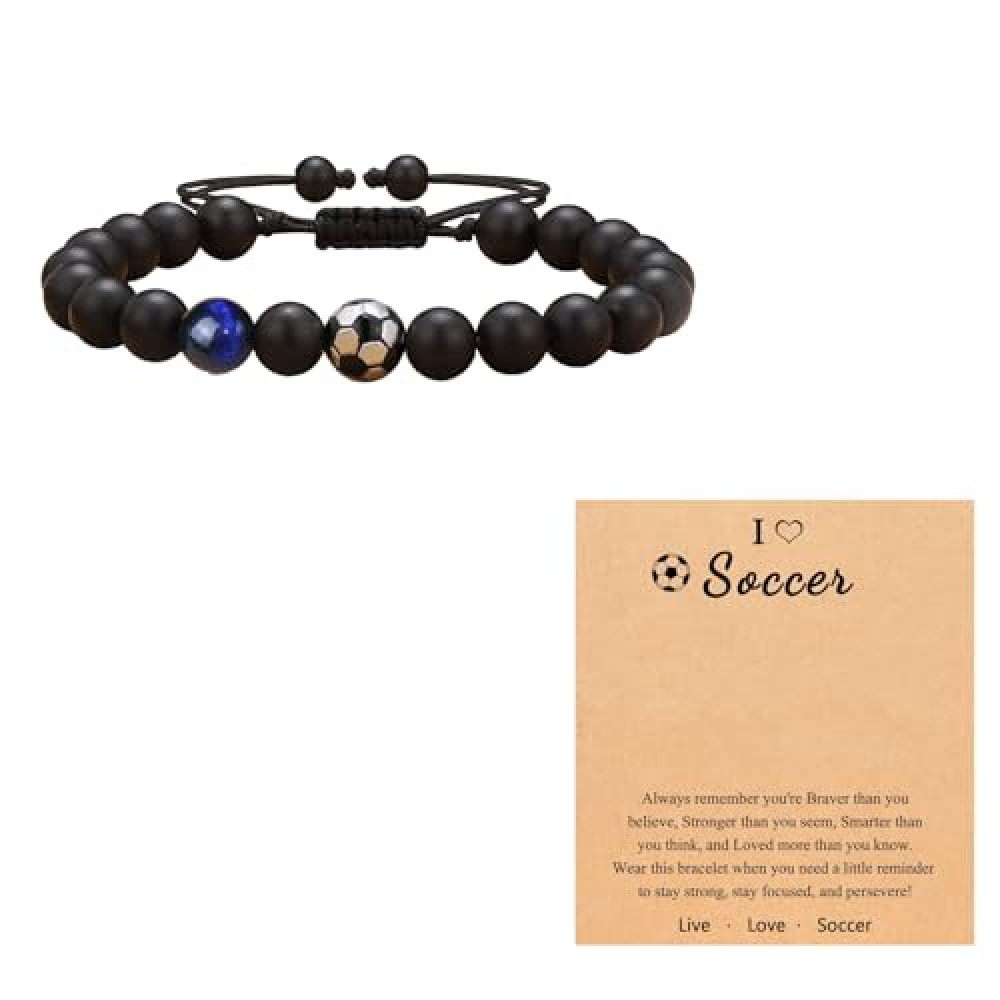 Football Bracelet for Boys, Blue Tiger Eye Stone Football Bracelets, Adjustable Natural Stone Bracelets, Boys Bracelet Gift With Card for Son Team Friends Brother Graduation Back to School Anniversary