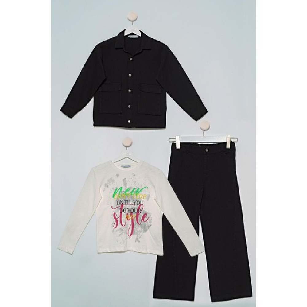 For You Kids 3'lü Ceket Pantolon Tshirt Gabardin Siyah Takım S27683 Kız Çocuk Giyim Takımı Fiyatı