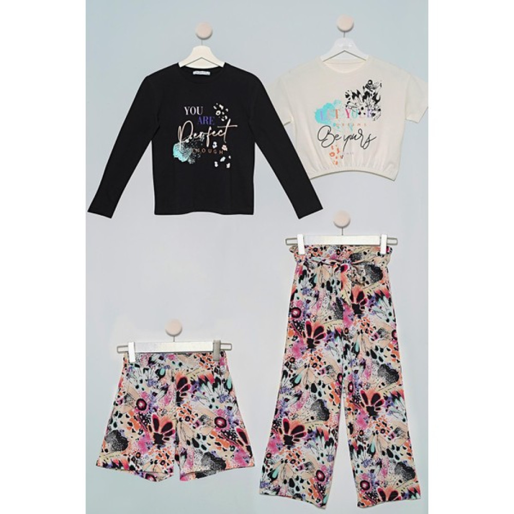For You Kids 4'lü Batik Desen Çicek Tshirt Pantolon Şort Siyah Takım Kız Çocuk Giyim Takımı Fiyatı