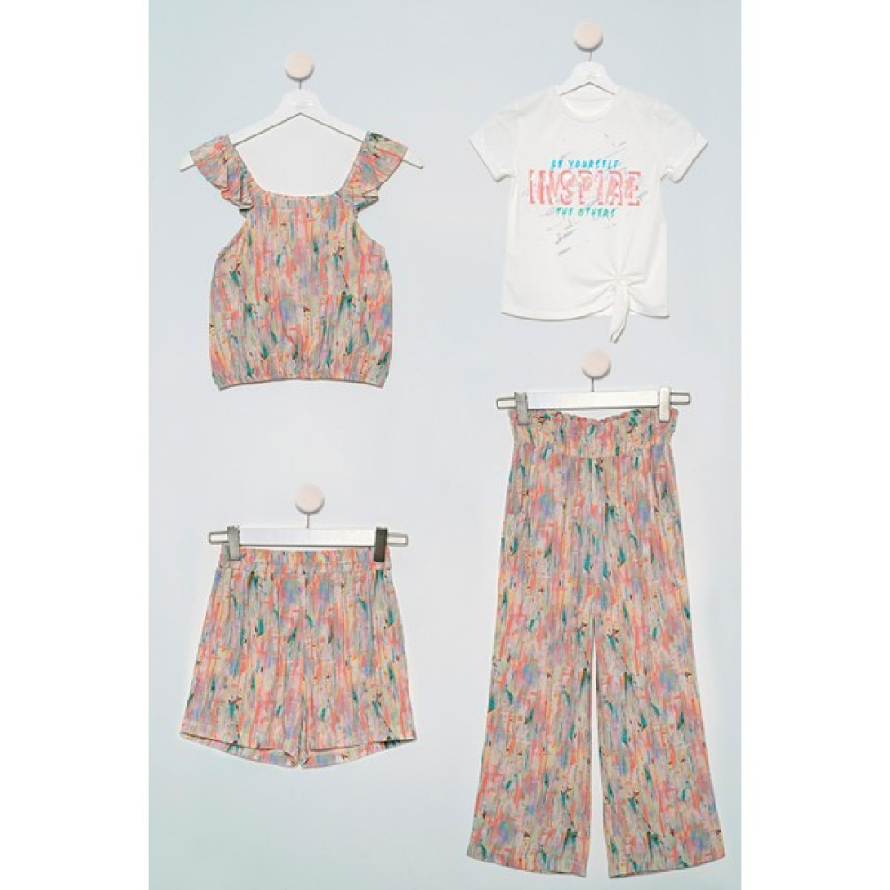 For You Kids 4'lü Desenli Bluz Tshirt Pantolon Şort Ekru Takım Kız Çocuk Giyim Takımı Fiyatı