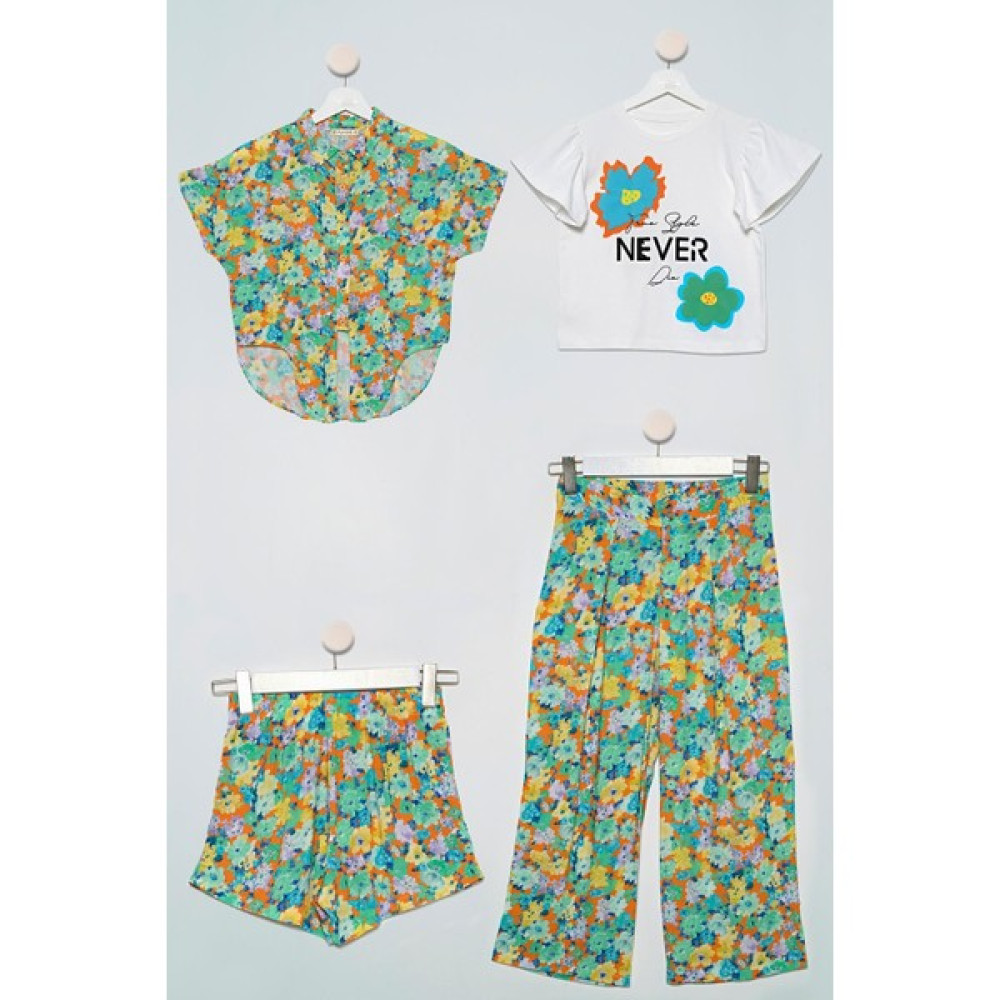 For You Kids 4'lü Desenli Gömlek Tshirt Pantolon Şort Yeşil Takım Kız Çocuk Giyim Takımı Fiyatı