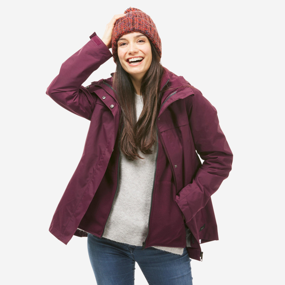 Forclaz Kadın 3'Ü 1 Arada Su Geçirmez Outdoor Trekking Montu - Bordo - Travel 100 - 0°C Mont (Outdoor) Fiyatı
